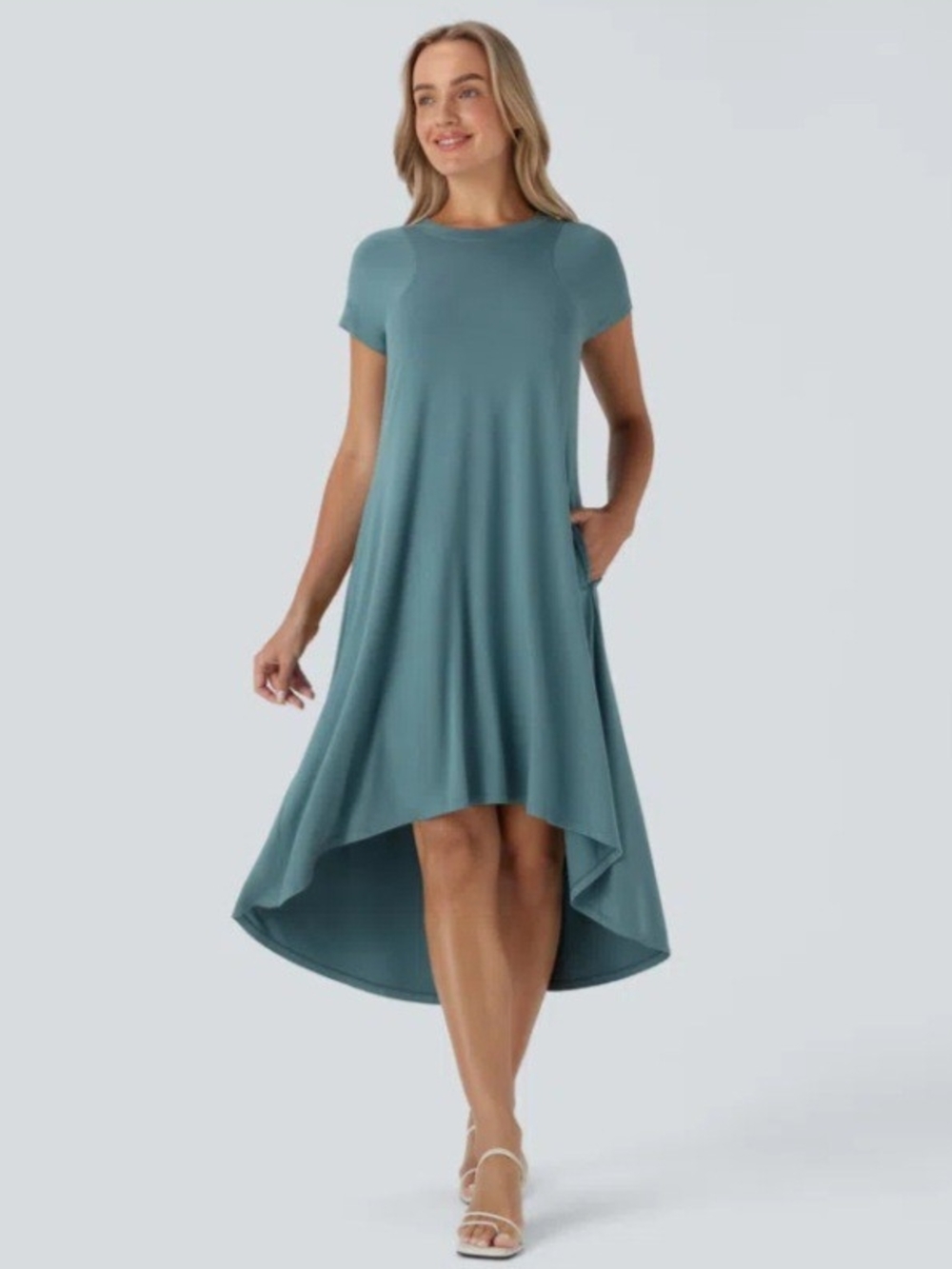 Halara Round Neck Short Sleeve Pocket High Low Flowy Midi Dress Artic